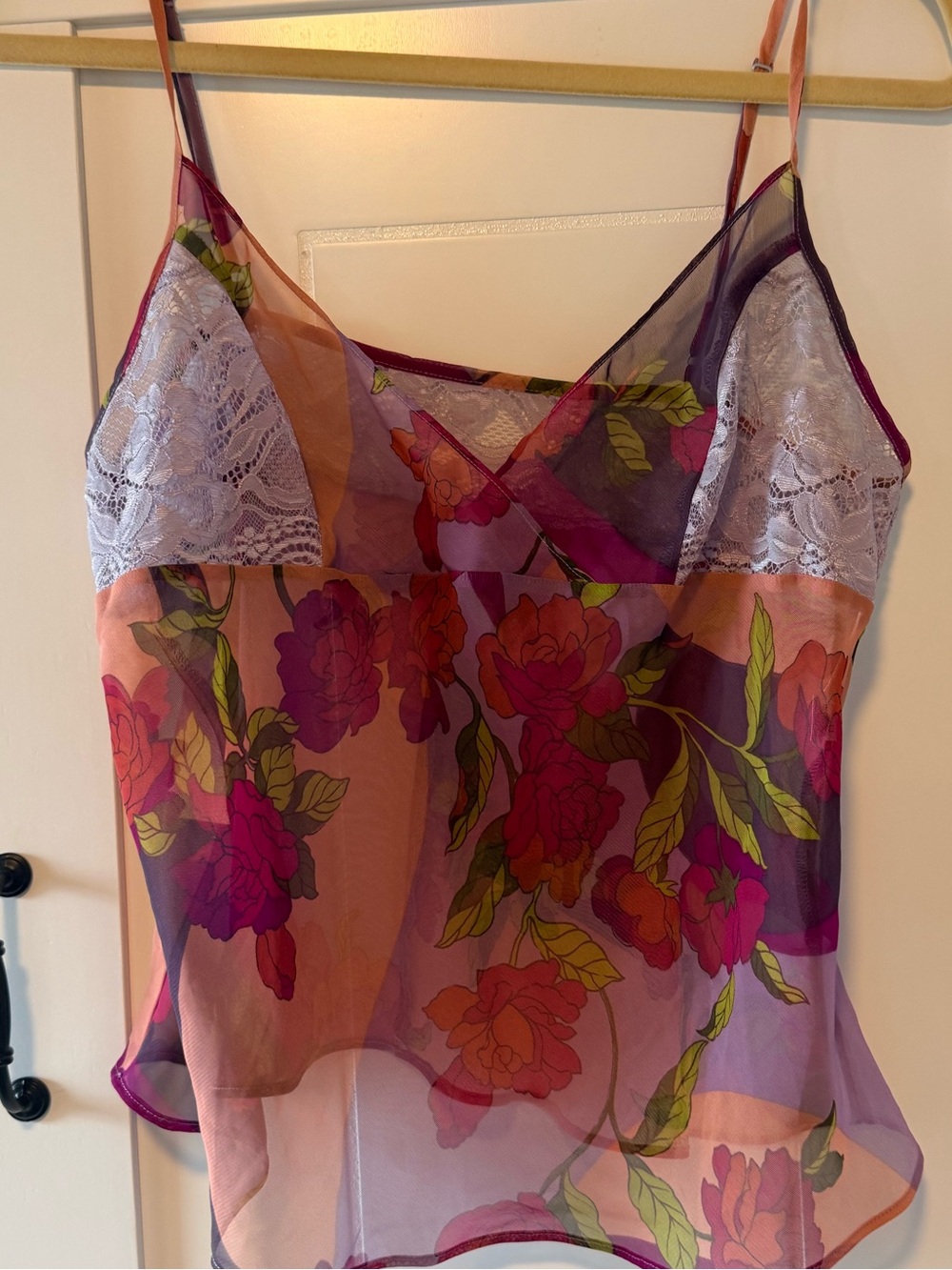 Vintage Frederick’s of Hollywood Sheer Lace-Trim Cami Tank - Purple/Pink